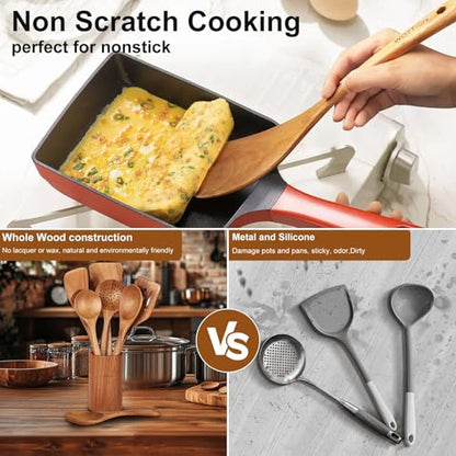 Wooden Spoons for Cooking - 8-Piece Wooden Kitchen Utensil Set made of Natural Solid Wood Material-Includes Spoons,Spatulas,Ladles,Mixing Spoon and Utensil Holder,Valentine's Day Gifts