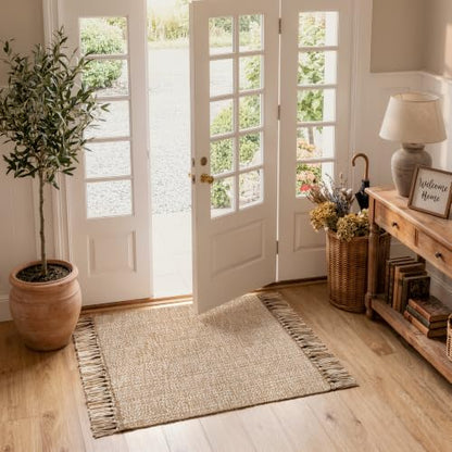 Entryway Door Mat, 27" x 43" Machine Washable Kitchen Rugs, Indoor/Outdoor Low-Profile Doormat Soft Hand-Woven Cotton Bathroom Rug Throw Rugs for Front Back Door Bedroom | Tan/Cream Braided Indoor Outdoor Mats, Soft Washable Bathroom Rug, Small Throw Rugs