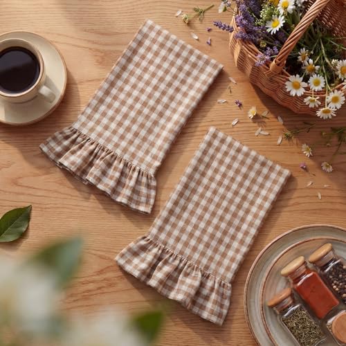 HunnmingRe Taupe Kitchen Towels Set of 2, 100% Cotton Ruffled Gingham Dish Towels 18"x28" Tea Cloths Classic Plaid Pattern for Farmhouse Charm, Drying Dishes, Entertaining Guests - color: Taupe, style: Gingham