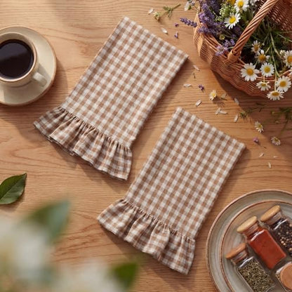 HunnmingRe Taupe Kitchen Towels Set of 2, 100% Cotton Ruffled Gingham Dish Towels 18"x28" Tea Cloths Classic Plaid Pattern for Farmhouse Charm, Drying Dishes, Entertaining Guests - color: Taupe, style: Gingham