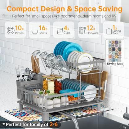 2 Tier Large Detachable Dish Drying Rack for Kitchen Counter, Gray | Compact Dish Drainer Organizer, Rust-Resistant, Space-Saving Dish Rack with Drainboard, Utensil Holder, Kitchen Organizer - color: 2 Tier-gray