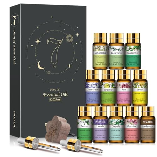 PHATOIL Essential Oil Set for Skin Care, Aromatherapy, Diffuser | 100% Natural and Pure, Gift Set Ideal for Massage, Home, DIY Candle Soap Making, 12Pcs x 5ml