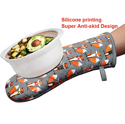 Oven Mitts 1 Pair, Non Slip Clear Silicone Printed Rooster Kitchen Gloves | Heat Resistant 480 ℉ Comfortable Cotton Lining Kitchen Men Cooking Barbecue Machine Washable (Fox, Gray Mittens) - color: Fox, Gray Mittens