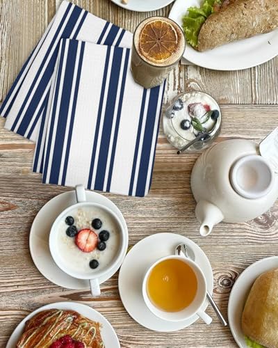 Navy Blue Striped Hand Towels Set, Waffle Weave Kitchen Towels 2 Pieces, Farmhouse Aesthetic Modern Stripes Microfiber Hair Face Bath Tea Towel Absorbent Quick Drying Cleaning Dish Cloths, 15.7"x23.6" - color: Navy, White, Blue, size: 2PCS,15.7"x23.6"