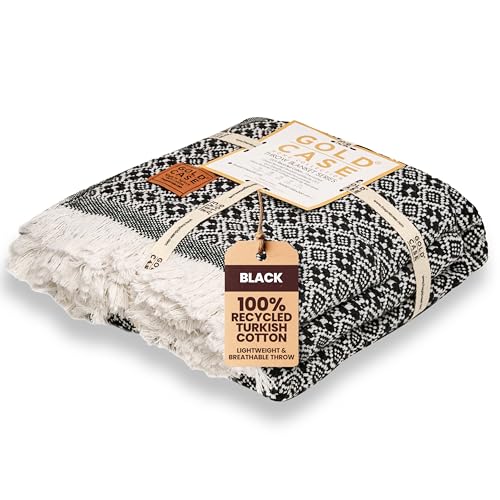Gold Case Throw Blanket for Couch - 100% Recycled Turkish Cotton Blankets & Throws - Retro Soft Throw Blankets for Living Room - Boho Decorative Woven Couch Blanket - 50x60 - Black - color: Retro Black, size: 50x60"