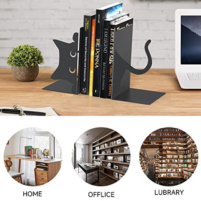 Book Ends Decorative,ENCIMART Book Ends,Metal Bookends,Book Holders for Shelves,Office Decorative Bookends,1.5mm Thickened Book Ends,Bedroom Library Office School Book Desktop Organizer Gift（Cat） | 1.5mm Metal Bookends for Heavy Books, Book Stoppers Desk