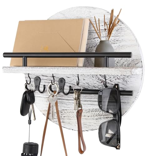 Gurfuy Key Holder for Wall with Shelf - Wood Mail Organizer and Rack with Shelf Hooks Wall Mounted for Entryway Decor Magazines Letter Storage Farmhouse Living Room Bedroom Doorway (White) - color: White