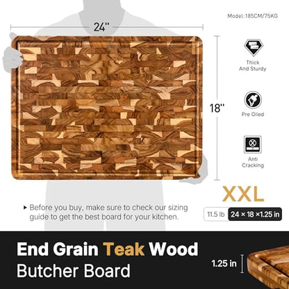 Teak Wood Extra Large End Grain Cutting Board for Kitchen with Non-slip Feet, Heavy Duty Checkered Cutting Board with Juice Groove & Handle Handcrafted Luxury Chopping Board for Meat, Vegetables - size: 24"L x 18"W