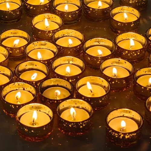 GOLDEAL 30 Pcs Samll Glass Tealight Candle Holders Speckled Gold Glass-Tea Candle Holders Bulk-Perfect for Weddings, Parties, Dinners - Ideal for 1.5" Standard Tealights and Candle Moulds… - color: Speckled Gold