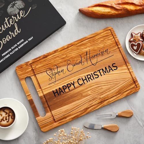 Olive Wood Charcuterie Board Rectangle Handle, Cheese Knife Fork | 15.8" X 10" Handcrafted with Embedded Handle, Natural Grain Groove, Wedding Housewarming Bridal Shower Gifts for Couples - color: Olive Wood, style: Rectangle with Embedded Handle
