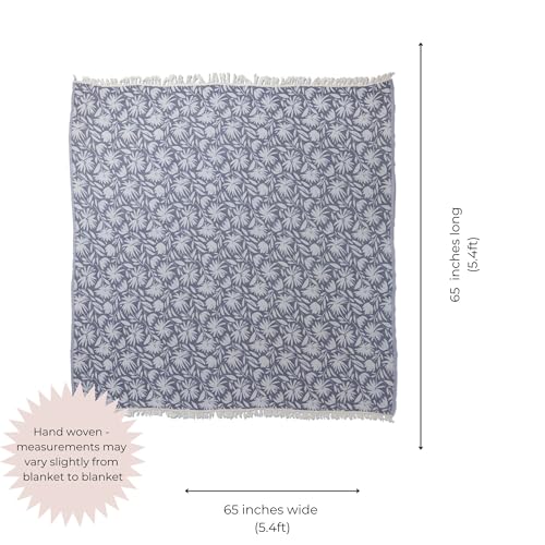 Flower Organic Cotton Turkish Throw Blanket, Muslin - Navy | Thin, Soft, Lightweight, Breathable Gauze Weave, Blue and White Reversible Floral Print, for Sofa, Chair, Couch, 65" x 65" - color: Navy Whimsy