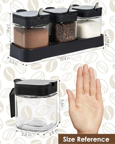 Glass Coffee Containers Set, 3 Pcs, Black | Coffee Station Storage Set with Lids, Spoons and Bases, Includes Stickers and Pen, Storage Jars for Sugar, Coffee, Spices