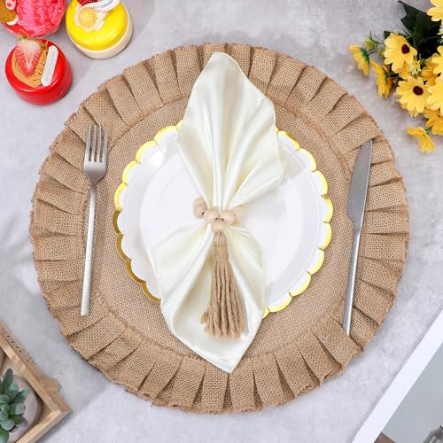 18 Pack Round Burlap Placemats Wood Bead Napkin Rings with Dinner Napkins Cloth, Jute Heat Resistant Placemats Boho Wooden Rings for Plates Wedding Dining Table