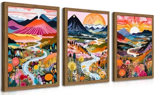 Wood Frame Boho Colorful Wall Art, Set of 3 Abstract Watercolor Mountain Landscape Wall Decor Paintings, Modern Flower Aesthetic Posters Prints for Living Room Bathroom Bedroom 16x24In Framed - color: Colorful, size: 24L" x 16W"