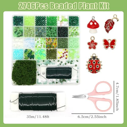 CYUXING 2746Pcs Beaded Plant Kit, Green Glass Beads for DIY Succulent Plants, Craft Beads Set with Ladybug Charm Floral Wire for Home Decor Jewelry Making, Artificial Greenery Supplies