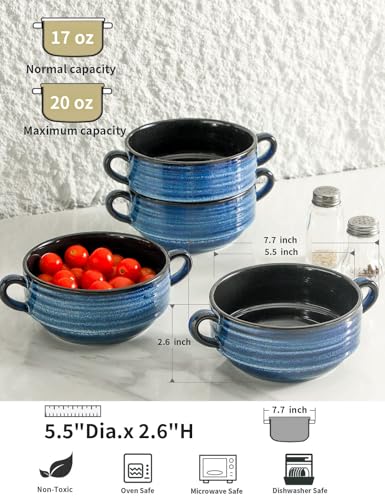 HASENSE Soup Bowls, 20 OZ French Onion Soup Crocks with Handles, Ceramic Small Serving Bowls for Chili, Stew, Cereal, Microwave Oven and Dishwasher Safe, Set of 4, Blue - color: Blue, size: 20oz - 4pcs