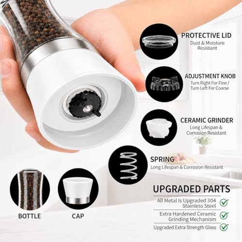Premium Salt and Pepper Grinder Set of 2, 6 oz Refillable Glass Salt and Pepper Shakers with Adjustable Ceramic Grinder, Manual Pepper Mill Set Includes Funnel & Cleaning Brush, Transparent Lid - color: White, size: 2.5"W x 7.5"H