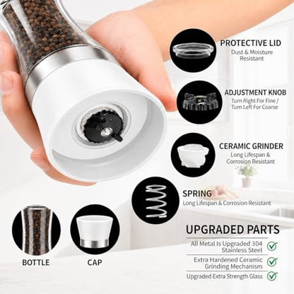 Premium Salt and Pepper Grinder Set of 2, 6 oz Refillable Glass Salt and Pepper Shakers with Adjustable Ceramic Grinder, Manual Pepper Mill Set Includes Funnel & Cleaning Brush, Transparent Lid - color: White, size: 2.5"W x 7.5"H