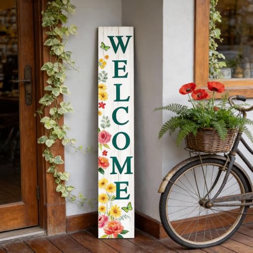 Welcome Sign for Front Door: 47" Wood Framed Spring Flower Decorations Porch Sigh with Hanging Rope, Farmhouse Hanging Standing Porch Leaner Signs for Home Outdoor - color: Welcome Sign (White), size: 47"L x 8"W