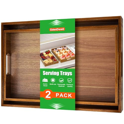 Acacia Serving Trays - 2 Pack | Acacia Wood Serving Platterss, Wood Serving Tray, Decorative Trays for Breakfast, Brunch, Dinner, Coffee Table - size: 14"x9"x1.57" and 15"x11"x1.57"