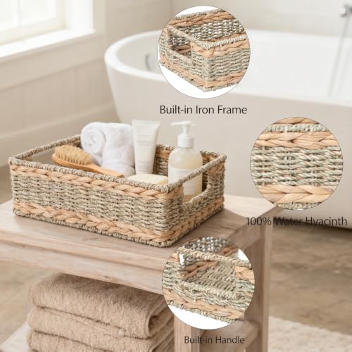 Water Hyacinth Storage Basket - Small Rustic Rectangle Woven basket Organizer with Handle for Home & Office Decor (Hyacinth&Seagrass) - style: Hyacinth&Seagrass
