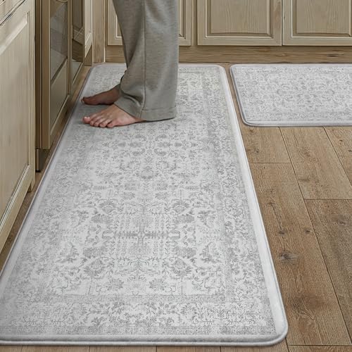 Kitchen Mats 2PCS Anti Fatigue Cushioned Mat Gray Vintage Kitchen Mats for Floor Waterproof Non Slip Comfort Standing Grey Retro Floral Rug for Sink Laundry Office 17.3"x47"+17.3"x30" - color: Accent | Grey, size: 17.3"x47"+17.3"x30"--0.4inch