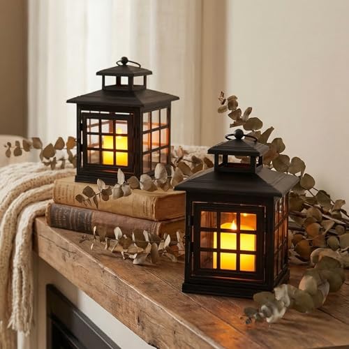 TRIROCKS Set of 2 Decorative Candle Lantern Metal Candle Holder Hanging Lantern Perfect for Home Decor Halloween Living Room Parties Events Tabletop Indoors Outdoors (Black) - color: Black1