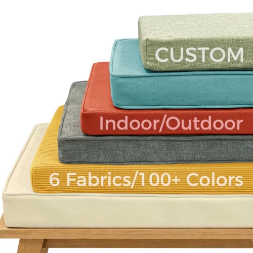 Custom Bench Cushion, Made-to-Order Custom Size Window Seat Cushion, High Density Foam, Waterproof for Indoor & Outdoor Use, Removable Washable Cover, Non-Slip Bottom with Ties