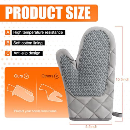 Silicone Oven Mitts, Heat Resistant 2PCS Oven Mitts with Soft Cotton Lining, Waterproof Non-Slip Grip Oven Glove, Kitchen Potholder Mits for BBQ, Baking, Cooking, 10.5Inch - Dark Grey - color: Dark Grey