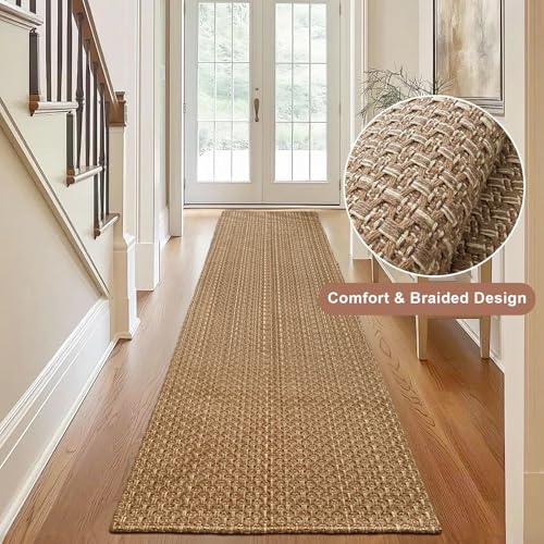 Tan Brown Faux Jute Runner Rug 2x6 ft,Braided Rubber Backed Hallway Rug | Non Slip Washable Neutral Runner Mat for Entryway,Kitchen,Bathroom and Indoor hallway - size: 2' x 6' (Rectangular)