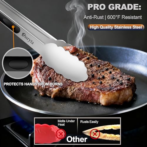 Stainless Steel Cooking Tongs Set of 3 - Heavy Duty 12/9/7 Inch Locking Tongs, Heat Resistant to 600 Degrees, Food Grade Kitchen Metal Tong for Food, Salad, & BBQ - Dishwasher Safe - color: Silver 3 Pieces, size: 7+9+12 inch