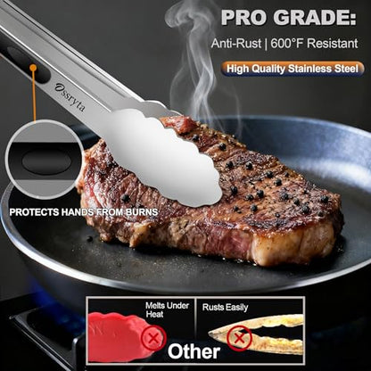 Stainless Steel Cooking Tongs Set of 3 - Heavy Duty 12/9/7 Inch Locking Tongs, Heat Resistant to 600 Degrees, Food Grade Kitchen Metal Tong for Food, Salad, & BBQ - Dishwasher Safe - color: Silver 3 Pieces, size: 7+9+12 inch