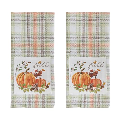 Park Designs Elderberry Dishtowel Set of 2, Applique | 18" x 28" | Cotton | Pumpkin, Leaf & Pinecone Applique | Orange, Green & Brown Plaid Kitchen Decor - color: Elderberry Decorative Dishtowel Set of 2