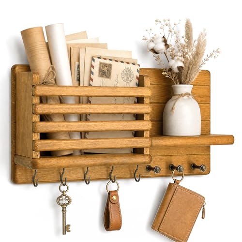 Rebee Vision Key Holder Wall Mount with Mail Slot for Home Decor, Yellow | Pine Wood, Key Holder for Wall, Storage Shelf, 8 Hooks, Mail Holder, Bedroom, Decorative Storage, Apartment Rustic Aesthetic - color: Yellow