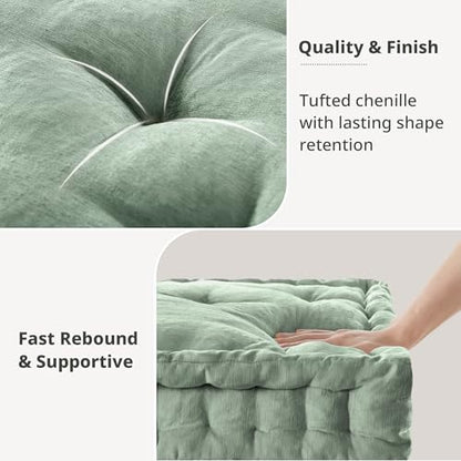Intelligent Design Floor Pillow Meditation Cushion, 20x20 Desert Sage | Sitting for Adults Yoga, Shredded Foam Filled, Chenille Tufted Cover, Handsewn Scalloped Edge, OEKO-TEX Certified - color: Desert Sage