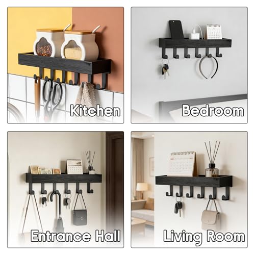 Key Holder Wall Mount with 6 Hooks, Drilling Key Holder for Wall with Wooden Tray, Multifunctional Key Rack with Mail Organizer for Entryway Living Room (Black) - color: Black