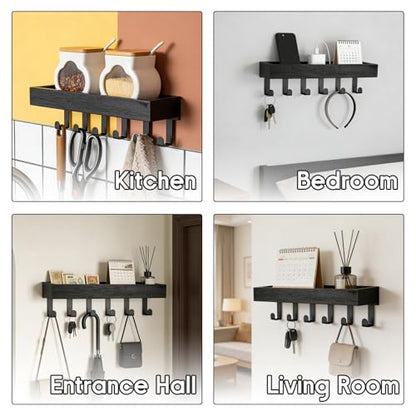 Key Holder Wall Mount with 6 Hooks, Drilling Key Holder for Wall with Wooden Tray, Multifunctional Key Rack with Mail Organizer for Entryway Living Room (Black) - color: Black