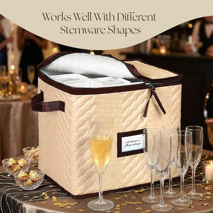 Wine Glass Storage Box with Dividers, Holds 12 Champagne Flute 3" Wide | 2 Pack, Stemware Storage Case, Protects Fine China, Durable Quilted Microfiber, Carry Handles, Ideal for Champagne Flute - size: Champagne Flute, style: 2 Pack