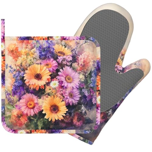 Retro Blooming Flowers Oven Mitts and Pot Holders Sets Silicone Kitchen Mitts Potholders Heat Resistant Oven Gloves Hot Pads for Kitchen Baking Cooking - color: Retro Blooming Flowers