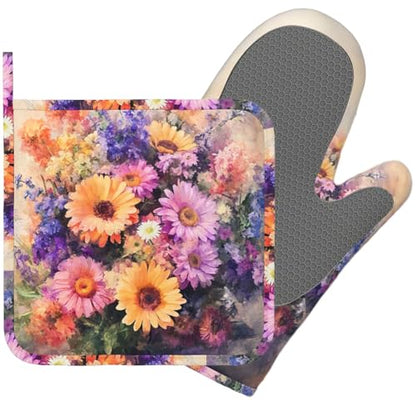 Retro Blooming Flowers Oven Mitts and Pot Holders Sets Silicone Kitchen Mitts Potholders Heat Resistant Oven Gloves Hot Pads for Kitchen Baking Cooking - color: Retro Blooming Flowers