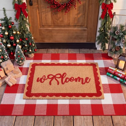 Red Bow Welcome Front Christmas Door Mat Outdoor Combo Set, 27.5'' x 43'' Double Red Buffalo Plaid Layered Front Porch Rug with Heavy Duty Backing Coir Door Mat Outdoor Entryway Decor - color: Red