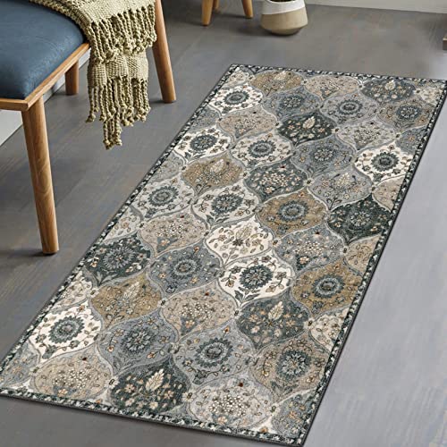 Lahome Moroccan Trellis Small Area Rug, 2x4 Rugs for Entryway Non-Slip Vintage Ultra-Thin Washable Indoor Door Mat Distressed Throw Carpet for Bathroom Kitchen Bedroom Elise, Grey - color: Dusty Grey Beige, size: 2' X 4' (Rectangular)