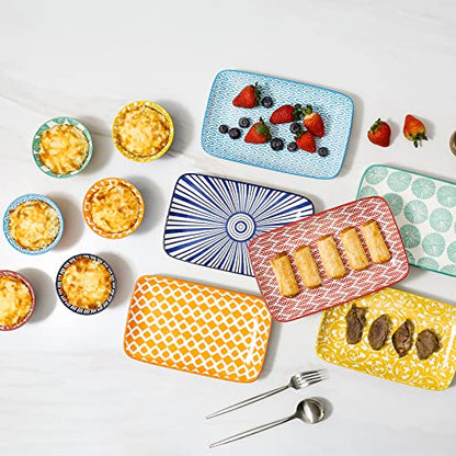 KitchenTour Rectangular Serving Platter, 8 inch Ceramic Dinner Plates Serving Trays Set of 6 for Salad, Appetizers, Sushi, Fruit, Microwave and Dishwasher Safe