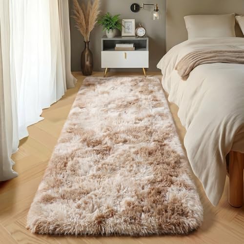Runner Rugs for Bedroom Living Room, Tie-Dyed Beige 2x6 Bedside Hallway Fluffy Area Rug, Ultra Soft Plush Furry Faux Fur Non Slip Floor Carpet for Nursery Kids Dorm Closet Home Decor - color: Tie-dyed Light Beige, size: 2' x 6' (Runner)