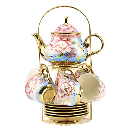20 Pieces Porcelain Tea Set With Metal Holder, European Ceramic tea set for adults,Flower Tea Set,Tea Set For Women With Flower Painting(Large version, Light Blue)) - color: Light Blue