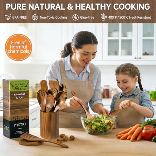 12 PCS Natural Acacia Wooden Utensil Set Wooden Spoons for Cooking | Non-Toxic, Nonstick Safe, Sturdy & Easy to Clean, Comes with Holder, Spoon Rest & 6 Hooks, Perfect Practical Kitchen Gift - size: 12 PCS SET