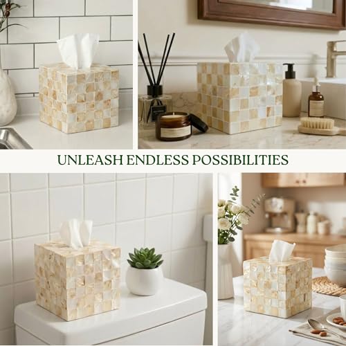 5.5" Tissue Box Cover Square, Capiz Shell Tissue Holder, Ivory | Bottom Slider, Checkerboard Cube Tissue Box Holder For Kleenex, Neutral Beige Square Tissue Box Cover Bathroom, Coffee Table - color: Ivory