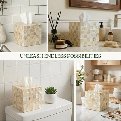 5.5" Tissue Box Cover Square, Capiz Shell Tissue Holder, Ivory | Bottom Slider, Checkerboard Cube Tissue Box Holder For Kleenex, Neutral Beige Square Tissue Box Cover Bathroom, Coffee Table - color: Ivory
