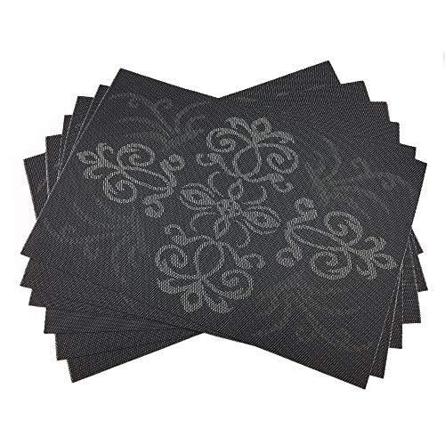Luxury Black Placemats Set of 6 Crossweave Woven Vinyl Placemat for Dining Table Heat Resistant Non-Slip Kitchen Table Mats Easy to Clean - color: Symmetry-black