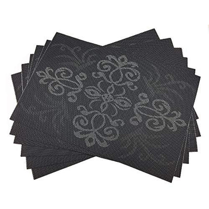 Luxury Black Placemats Set of 6 Crossweave Woven Vinyl Placemat for Dining Table Heat Resistant Non-Slip Kitchen Table Mats Easy to Clean - color: Symmetry-black